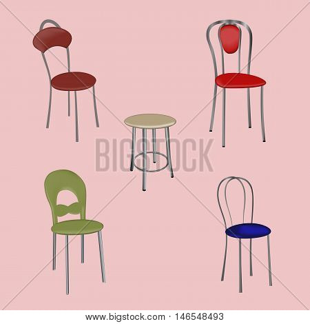 Vector illustration of a group of detached modern design chairs on a pink background