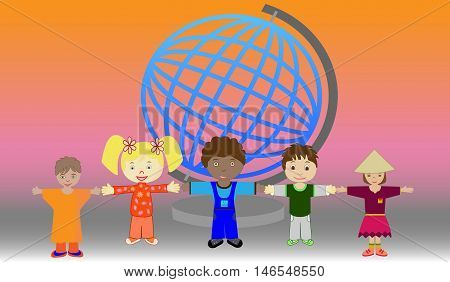 Vector illustration of children around the world against the background of the globe