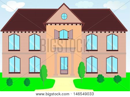 A two-storey house in light colors with a lawn vector illustration
