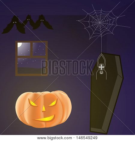 Vector illustration of halloween dark room with pumpkin, bats, spider and a coffin