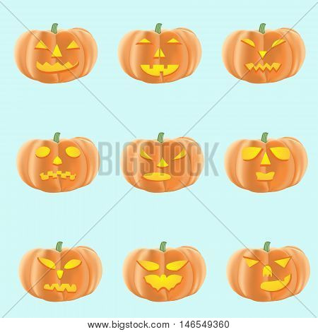 Set of halloween pumpkins with different faces vector illustration on a light background