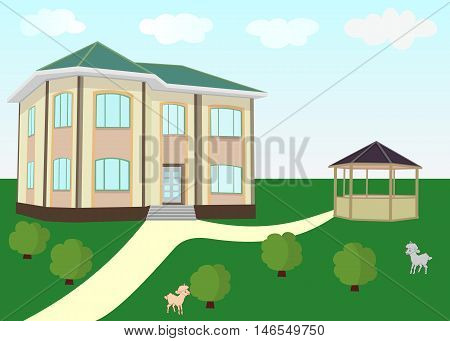 Vector illustration of a cozy house with a gazebo in the background of the nature