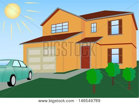Residential house in bright colors with the car and lawn vector illustration