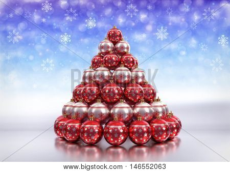 christmas theme background with christmas bulbs on glossy floor and bokeh background with snowlakes. 3D render.
