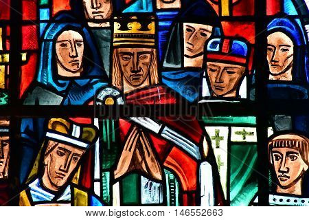 Poissy France - august 6 2016 : stained glass window of the historical collegiate church where the king Saint Louis was baptised