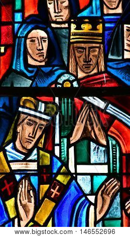 Poissy France - august 6 2016 : stained glass window of the historical collegiate church where the king Saint Louis was baptised