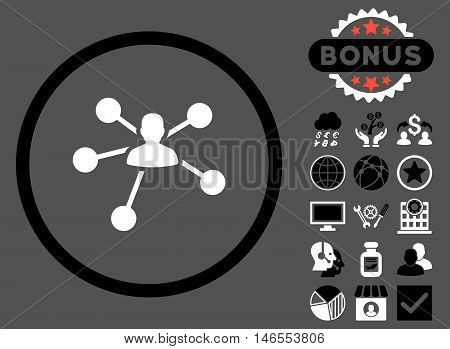 Person Relations icon with bonus. Vector illustration style is flat iconic bicolor symbols, black and white colors, gray background.