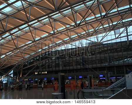 HAMBURG, GERMANY - AUG 28: Hamburg Airport (Flughafen Hamburg) in Germany, as seen on Aug 28, 2016. It is the fifth-busiest of Germany's commercial airports measured by the number of passengers.