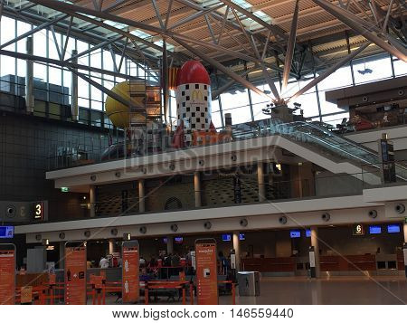 HAMBURG, GERMANY - AUG 28: Hamburg Airport (Flughafen Hamburg) in Germany, as seen on Aug 28, 2016. It is the fifth-busiest of Germany's commercial airports measured by the number of passengers.