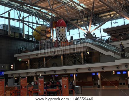 HAMBURG, GERMANY - AUG 28: Hamburg Airport (Flughafen Hamburg) in Germany, as seen on Aug 28, 2016. It is the fifth-busiest of Germany's commercial airports measured by the number of passengers.