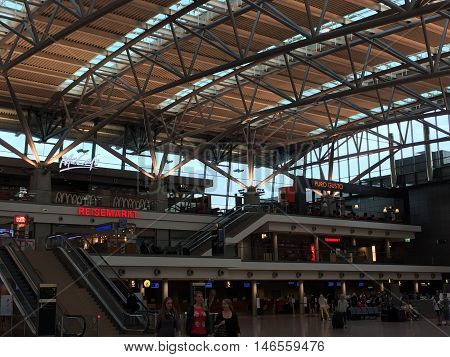 HAMBURG, GERMANY - AUG 28: Hamburg Airport (Flughafen Hamburg) in Germany, as seen on Aug 28, 2016. It is the fifth-busiest of Germany's commercial airports measured by the number of passengers.
