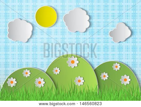 Paper summer background. Landscape nature illustration. Vector scene with hills, clouds, grass, sun, flowers. Paper elements with shadow. Cut paper landscape. Nature symbols.