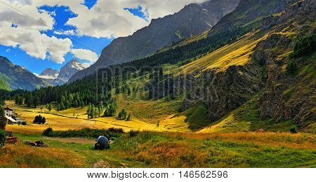 rays of sun on valley of Rhemes Notre Dame, Italian alps