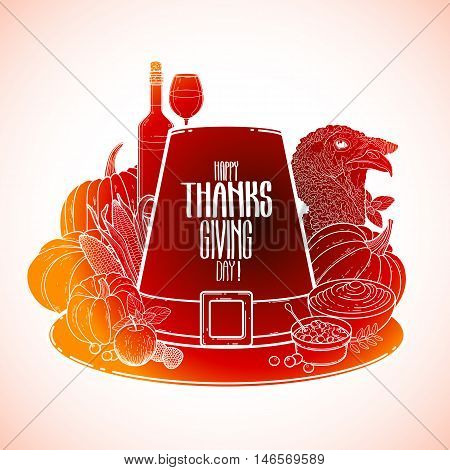 Graphic Thanksgiving day art. Vector piligrim hat drawn in line art style decorated with fruits and vegetables.