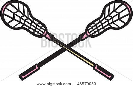 Illustration of a crossed lacrosse stick set on isolated white background done in retro woodcut style.