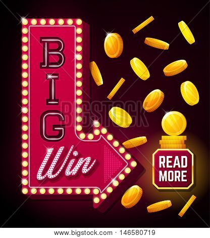 Big win poster with falling golden coins. Big win banner with arrow and button. playing cards slots and roulette. Retro sign with lamp Big Win