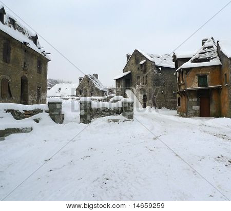 Old deserted village ruins in the middle of the winter