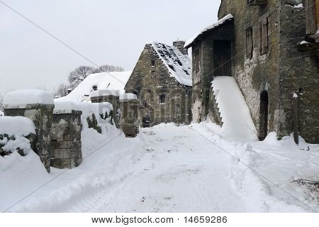 Old deserted village ruins in the middle of the winter