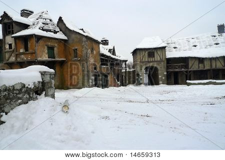 Old deserted village ruins in the middle of the winter