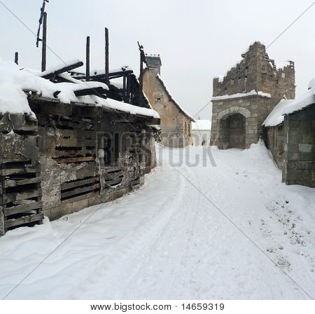 Old deserted village ruins in the middle of the winter