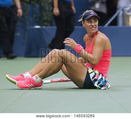 NEW YORK - SEPTEMBER 10, 2016:Two times Grand Slam champion Angelique Kerber of Germany celebrates victory after her final match at US Open 2016 at Billie Jean King National Tennis Center in New York