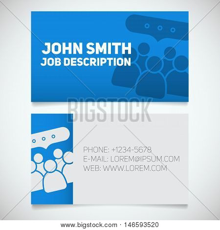 Business card print template with meeting logo. Easy edit. Teamwork. Team communication. People group with chat bubble. Stationery design concept. Vector illustration