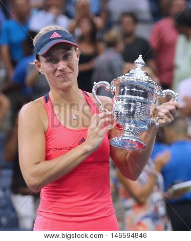 NEW YORK - SEPTEMBER 10, 2016:Two times Grand Slam champion Angelique Kerber of Germany during trophy presentation after her victory at US Open 2016 at Billie Jean King National Tennis Center