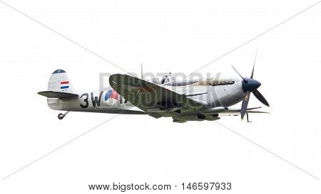 Leeuwarden, The Netherlands - June 11, 2016: A Vintage Spitfire Fighter Plane Makes A Low Flypast Fo