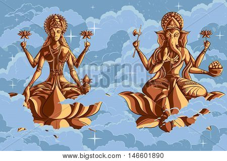 Indian Goddess Lakshmi and Ganesha on Lotus. Vector illustration