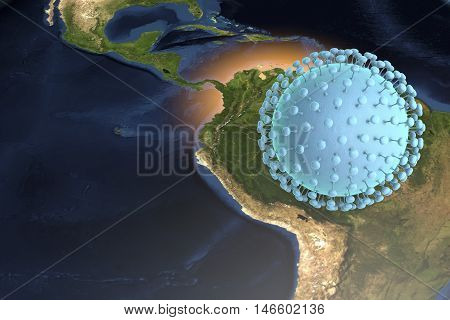 Zika virus and Brazil, 3D illustration. A virus which causes Zika fever found in Brazil and other tropical countries. Zika fever in pregnant women leads to microcephaly in fetus. Elements of image furnished by Nasa