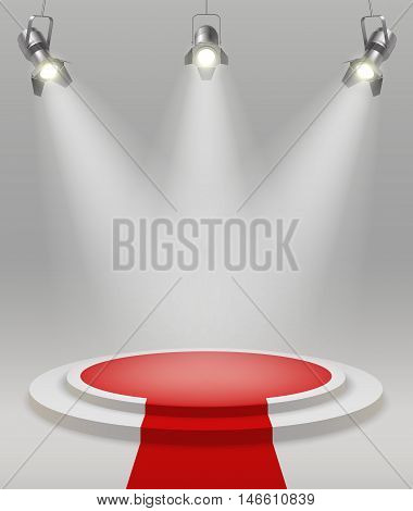 Realistic stage with spotlights red carpet in the middle of the room vector illustration