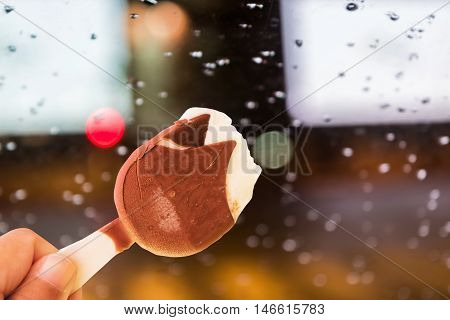 ice cream coated chocolate after bitten raining