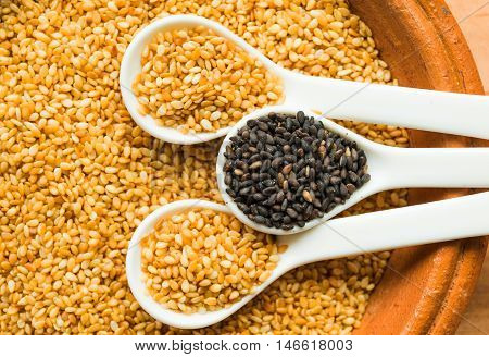 White sesame seed black sesame seed in earthenware the ingredients of Asia food and sweet dessert