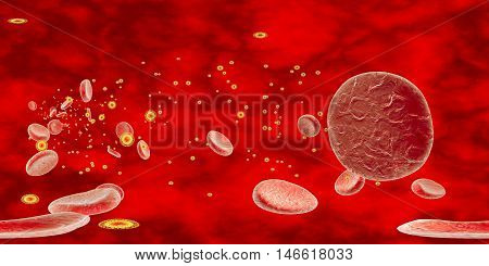 360-degree spherical panorama view of Zika viruses in blood with red blood cells, viruses which cause Zika fever found in Brazil and other tropical countries. 3D illustration