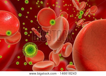 Zika viruses in blood with red blood cells, 3D illustration. Viruses which cause Zika fever found in Brazil and other tropical countries. Zika fever in pregnant women leads to microcephaly in fetus