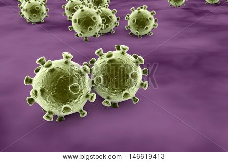 Viruses on the surface of skin or mucous membrane, 3D illustration