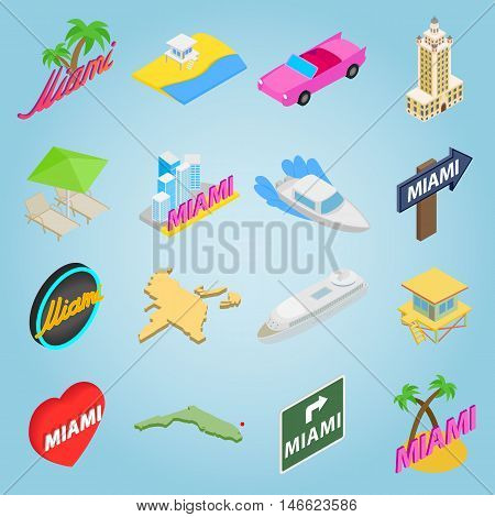 Isometric miami icons set. Universal miami icons to use for web and mobile UI, set of basic miami elements vector illustration