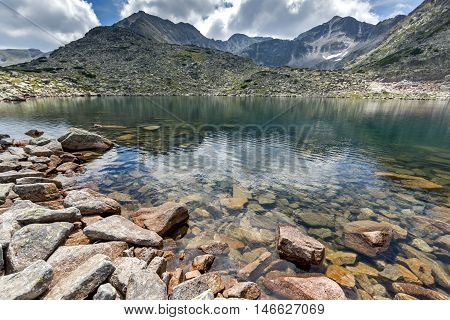 rocky shore of  Musalenski lakes,  Rila mountain, Bulgaria