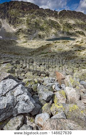Panoramic view of Musalenski lakes and stones in front, Rila mountain, Bulgaria
