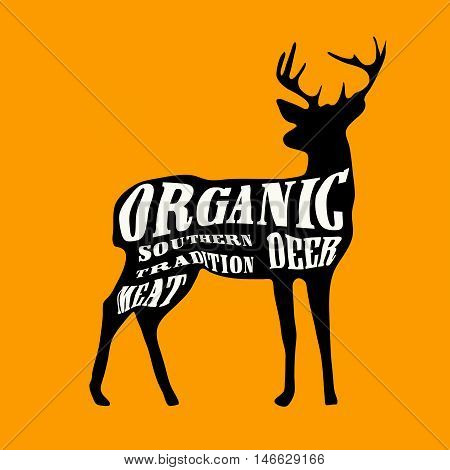 A black deer on a yellow background with a white typography. The text contains following words: organic, meat, southern tradition, deer.