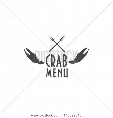 Crab menu text with a grey crab's claws and forks as a label.