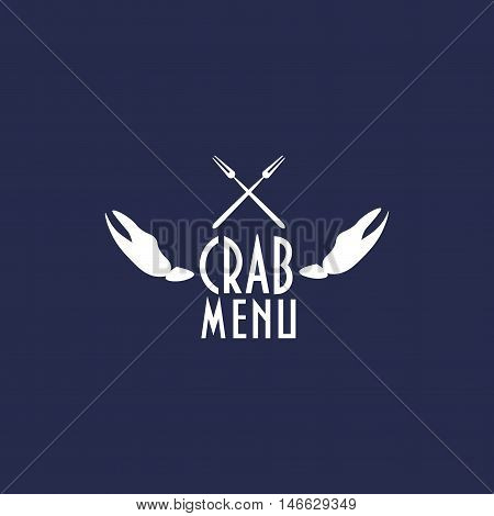 Vintage label with crab claws and two crab forks designed to use as seafood restaurant menu element, crab festival menu element, crab menu icon on your seafood site.