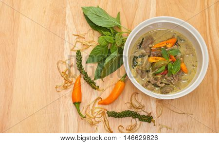 Green curry beef in coconut milk is Thai food spicy taste.