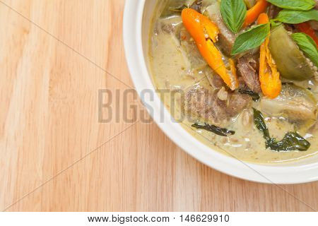 Green curry beef in coconut milk is Thai food spicy taste.