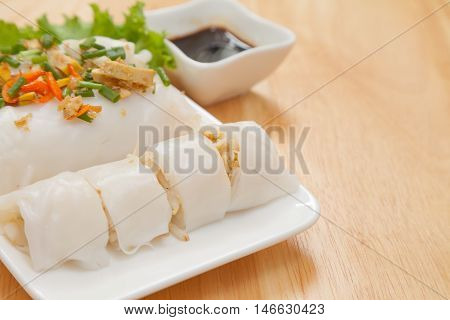 Noodle tube is appetizer menu Asia. made from noodle vegetable and steamed.