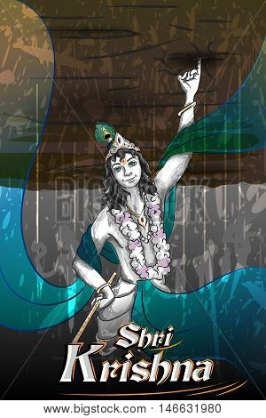 Lord Krishna Indian God Janmashtami festival holiday. Vector illustration