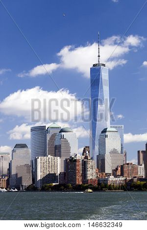NEW YORK - OCTOBER 8: Freedom Tower in Lower Manhattan on October 8 2014. One World Trade Center is the tallest building in the Western Hemisphere and the third-tallest building in the world