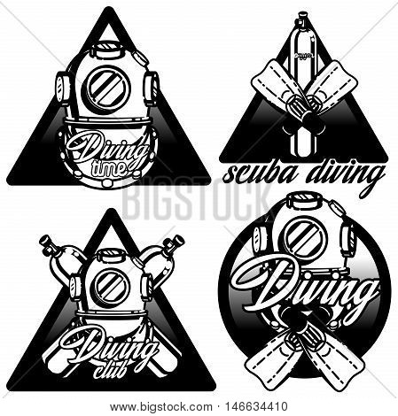 Diving labels set. Underwater swimming logos, emblems and designed elements. Sea dive, spearfishing, vector illustration