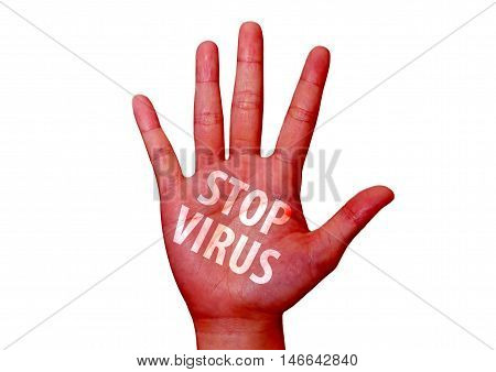 isolated stop virus written on woman hand