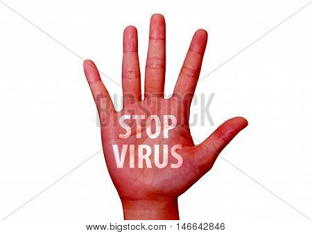isolated stop virus written on woman hand